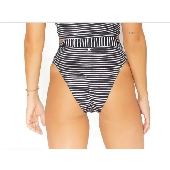Hurley Striped Bikini Swim Bottom Size L Black White Reversible - Picture 2 of 12